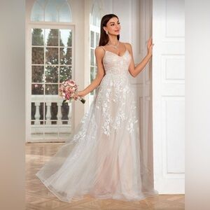 Elegant White Champagne Lace Wedding  Gown